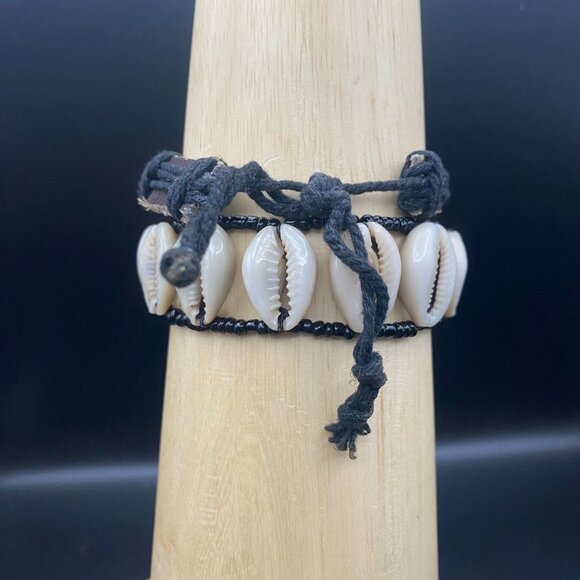 Shell Necklace 2 Bracelet Lot Cowrie Love Leather Two Tone Boho Festival Beach - Picture 5 of 8